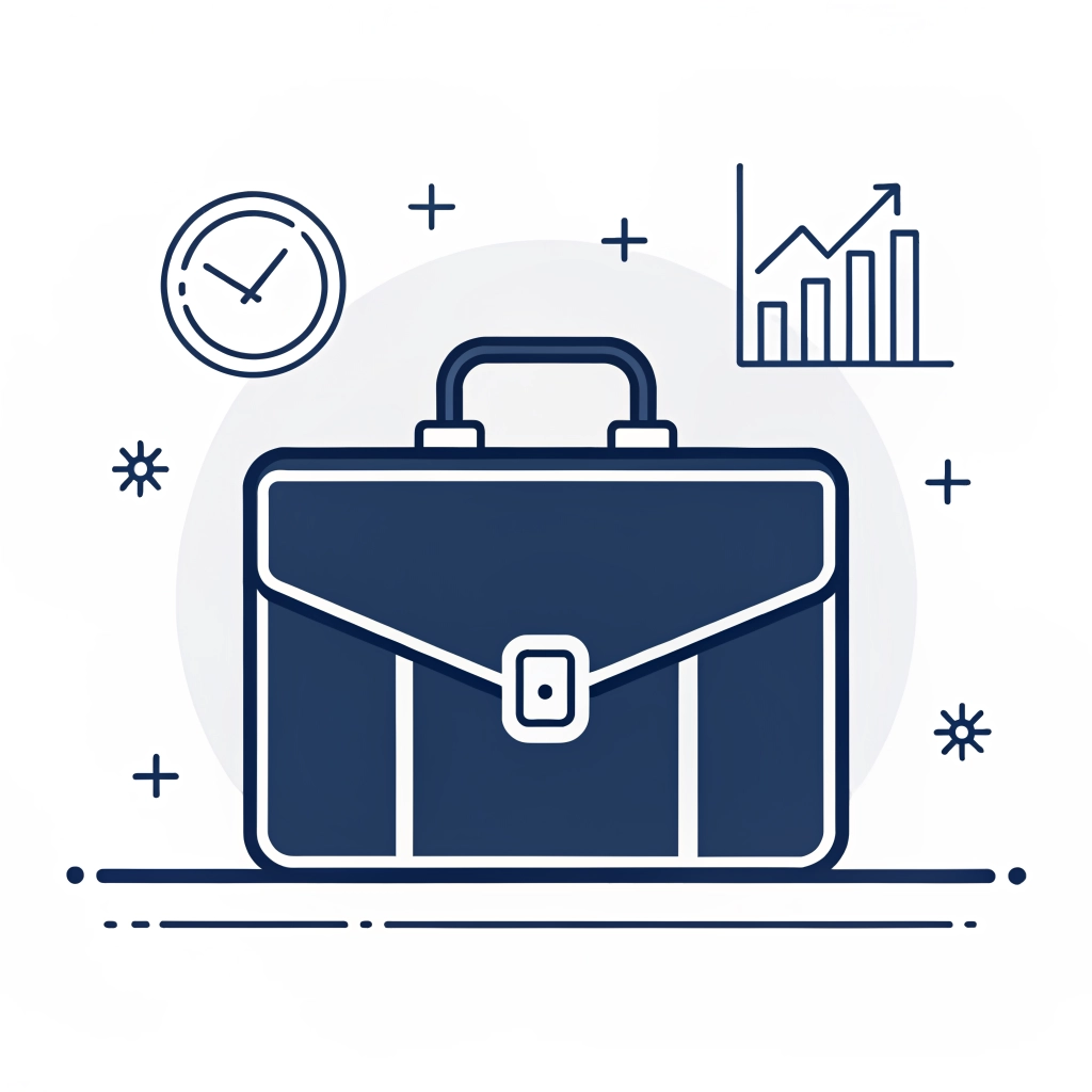 Dark blue briefcase illustration surrounded by a clock and rising chart, symbolizing business growth and time management.