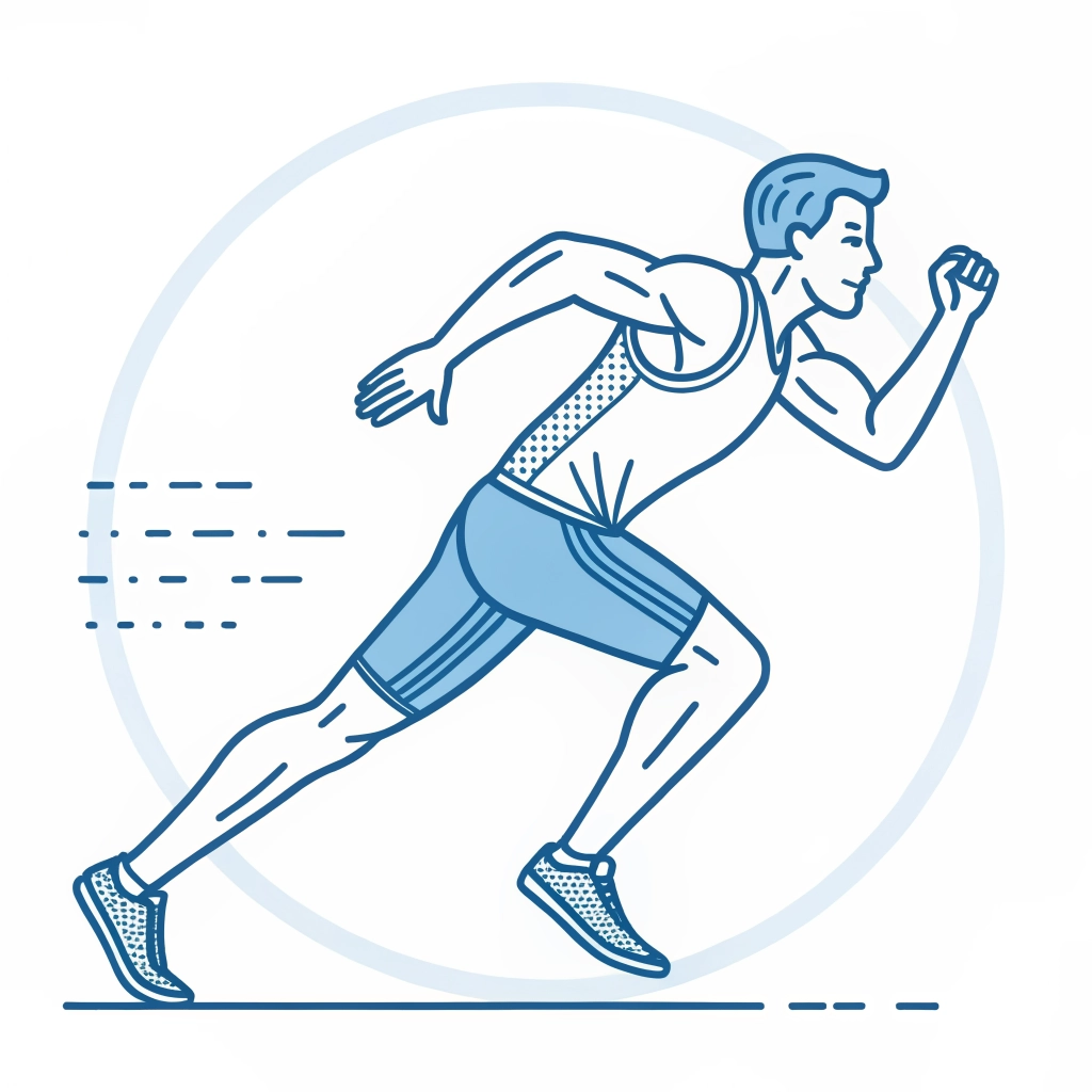 A stylized male runner in mid-sprint, wearing shorts and sneakers, with motion lines suggesting speed.
