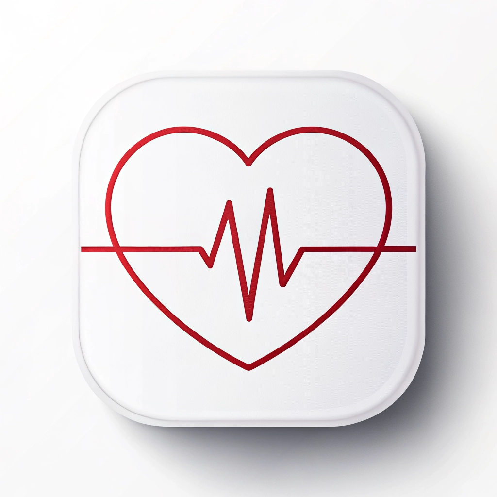 Red heart outline with a heartbeat line across on a white rounded-square button, symbolizing heart health