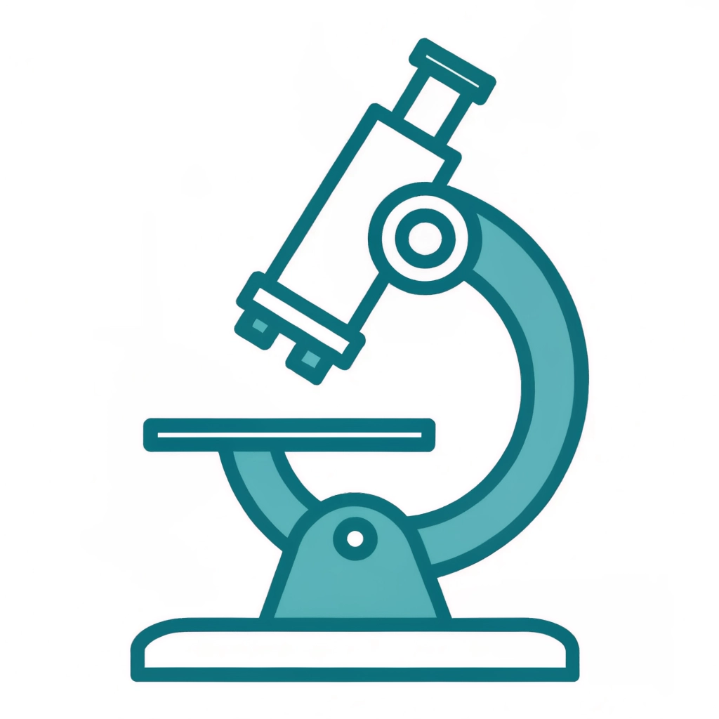 Teal microscope illustration on a stand, symbolizing science and lab work.